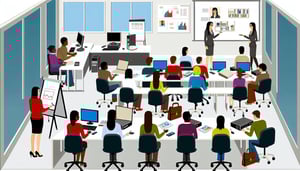 customer service training in a classroom, use only a few white people, put them into an office environment