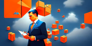 business man thinking with very dark blue background and small orange blocks