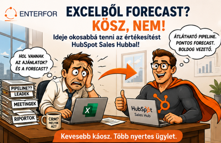 Illusztráció egy frusztrált, Excel-táblázatok és papírhegyek között stresszelő értékesítési vezetőről, akit a HubSpot Sales Hub használatával magabiztos, szuperhős-köpenyes vezetővé formál az Enterfor hirdetése: „Excelből forecast? Kösz, nem!